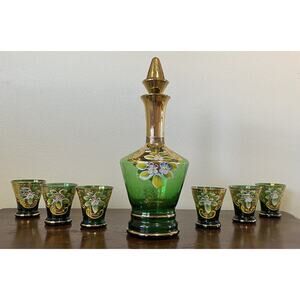 Vintage Flower Handpaint Japan Norleans Blown Glass Decanter Shot Complete Set